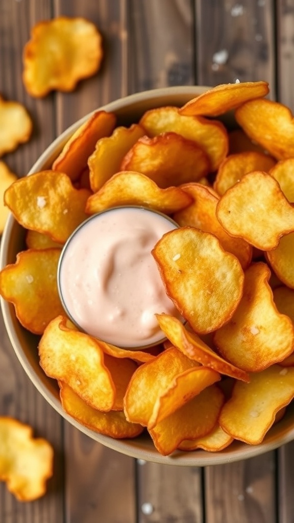 A bowl of crispy potato chips on a wooden table, served with dipping sauce.